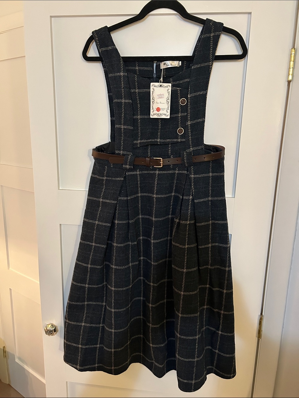 Women’s Navy Windowpane Pinafore Dress with Belt/ fits like a large.